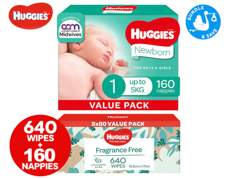 Huggies Newborn Size 1 Up to 5kg Nappies & Fragrance Free Baby Wipes Bundle
