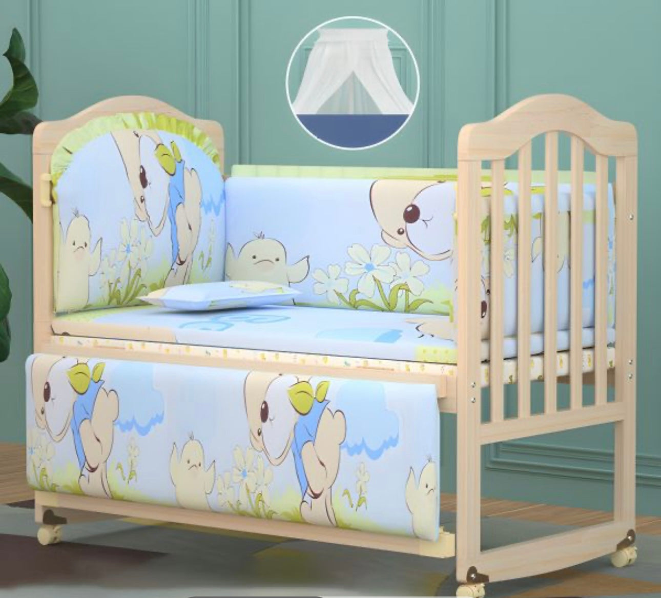 Solid Wood Contemporary Nursery Bed Washed
Natural with Guardrail - Crib & 5-Piece Set 96 × 56 X76cm