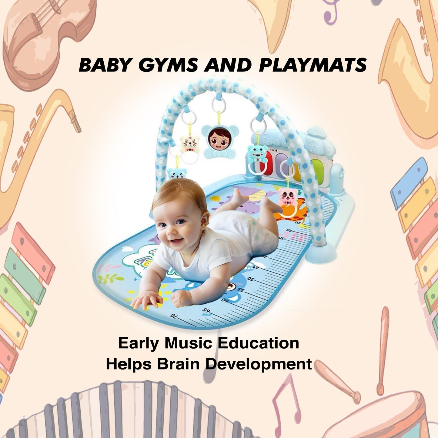 Playmat Deluxe Kick & Play Piano Gym, Green Musical Learning Toy with 2 Rattle Maracas for Developmental Play Newborns 0+ Months