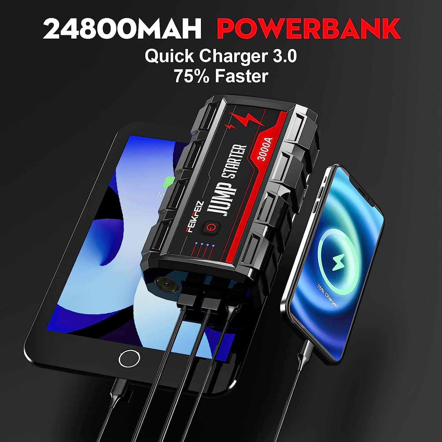 FEIKFEIZ Car Jump Starter, 3000A Peak 24800mAh 12V Car Battery Starter(Up to All Gas, 9.0L Diesel Engine)