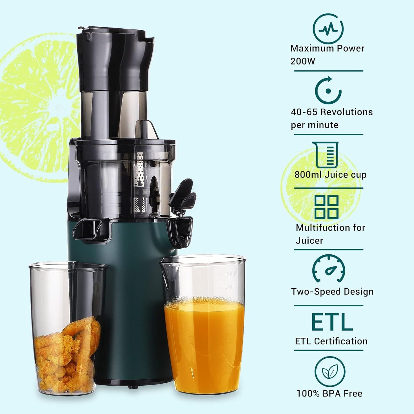 Electric Juicer Fruits Cold Press Squeezer Vegetable Processor Slow Masticating Juicer Machines 200W for Vegetables Celery Wheatgrass Watermelon Carrot Big Wide Chute 800ml Cup BPA-Free Easy to Clean