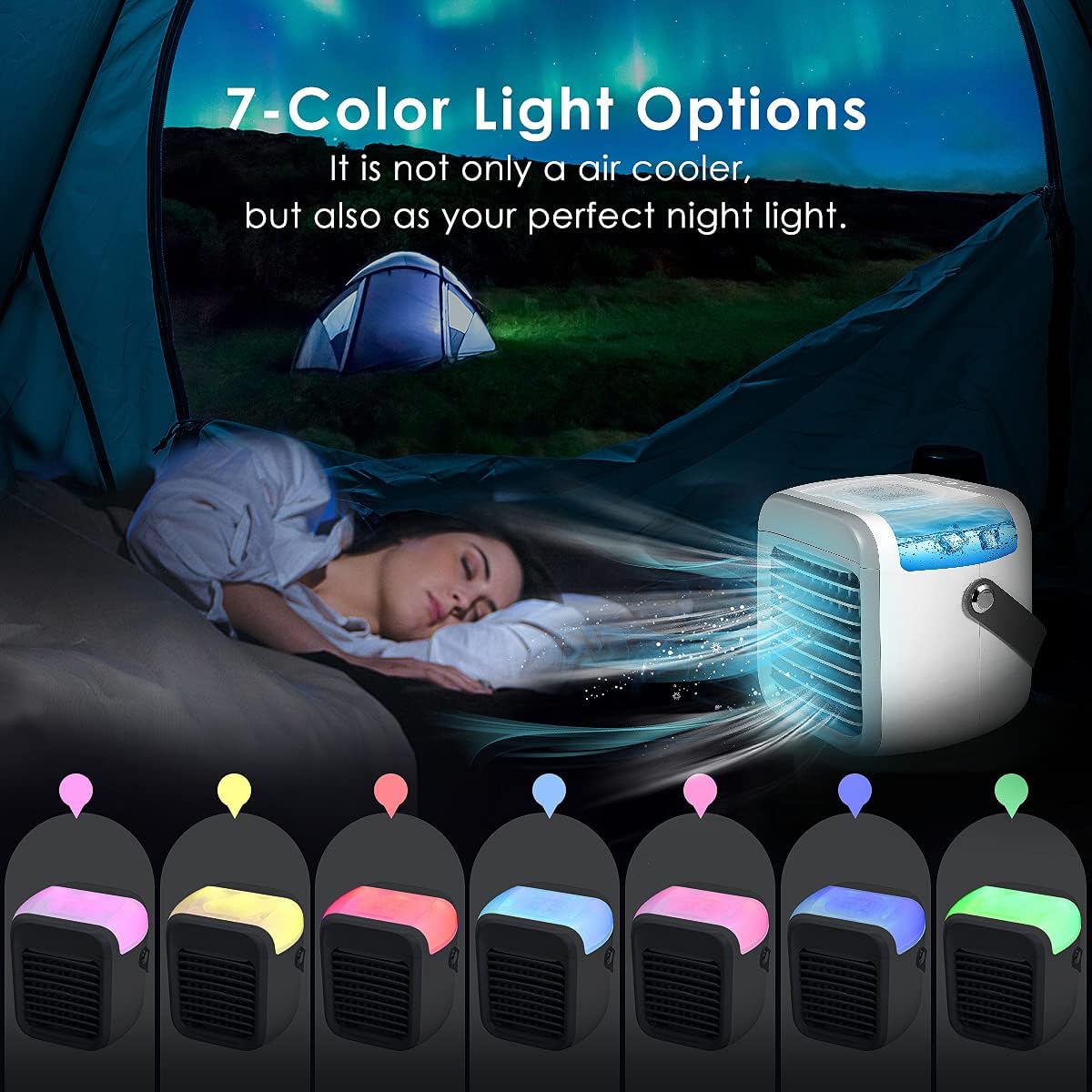 Portable Air Cooler, Rechargeable Evaporative Air Conditioner Fan with 3 Speeds 7 Colors, 3 in 1 Air Cooler with Water Tank, Cordless Personal Air Cooler with Handle for Home, Office and Room