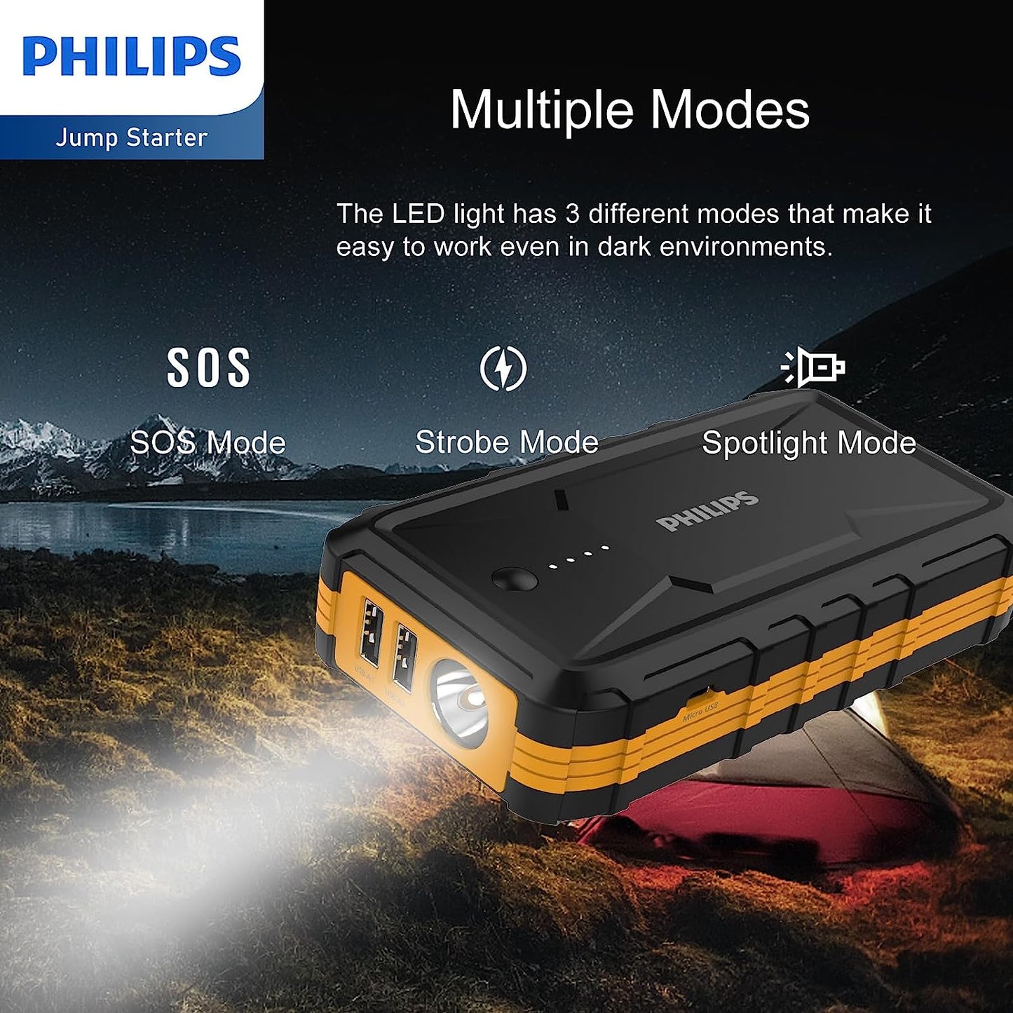 Philips Portable Car Jump Starter 10,000 mAh Power Bank, Large Capacity Current 500A, Engine Starter for 12V
