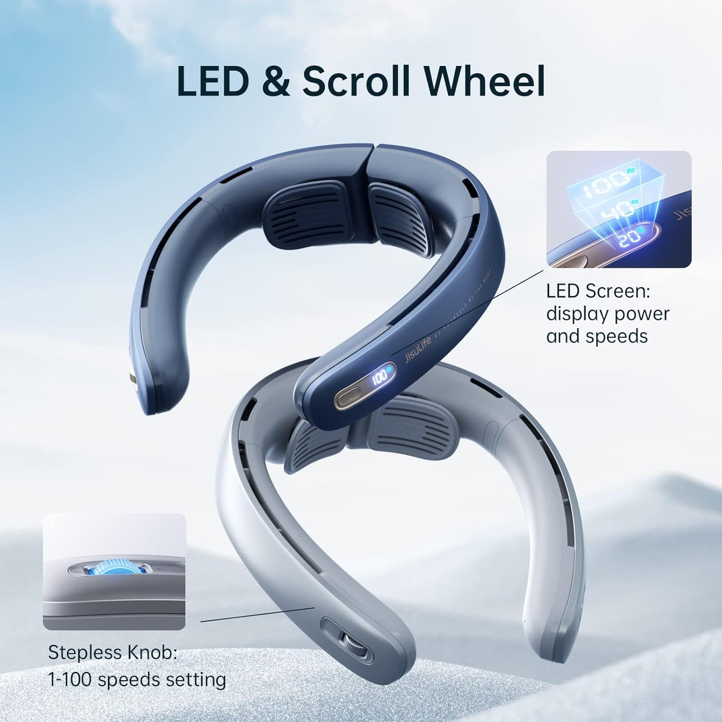 JISULIFE Portable Neck Fan Pro, 100 Speeds Bladeless Fan, Wearable Fan Stepless Knob, LED Display, 5000mAh Rechargeable Personal Fan, Mini Hands Free, USB Battery Operated Fan-Blue