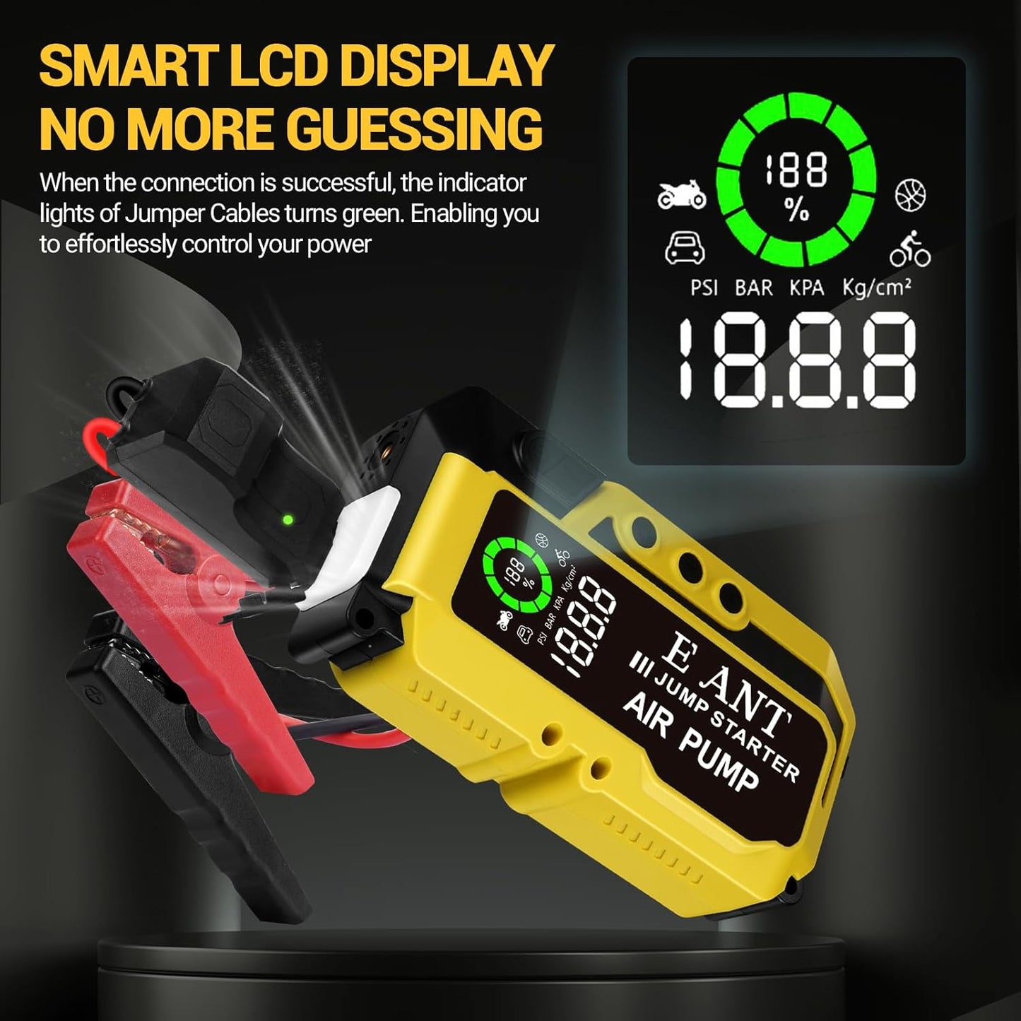 E-Ant Car Jump Starter with Air Compressor(10L Gas/8L Diesel), 3000A Peak 12v Auto Battery Jump Pack, Power Bank USB QC3.0 Outputs Portable Battery Booster