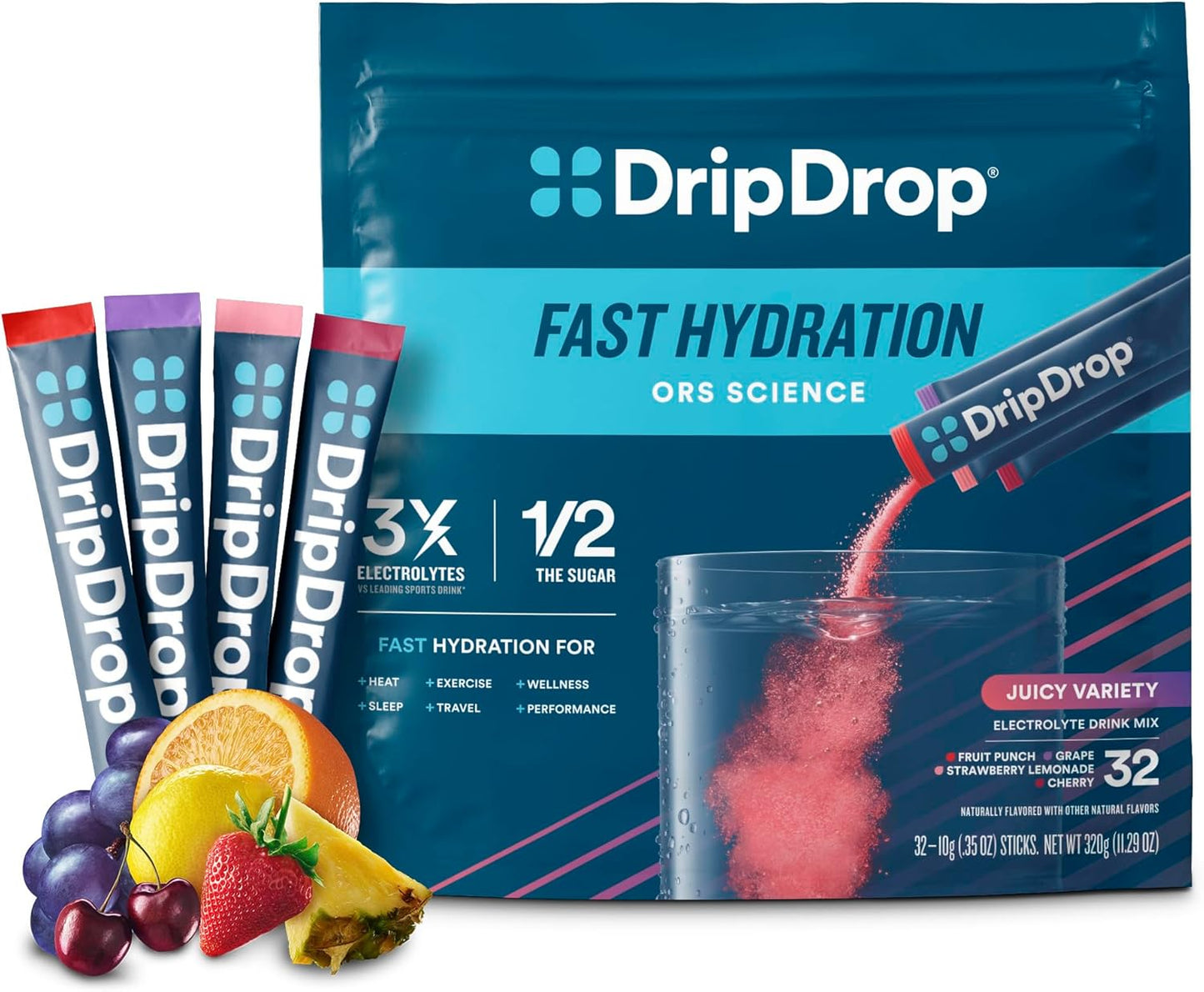 DripDrop Hydration Juicy Variety Pack Electrolyte Drink Mix Single-Serve Powder Packets- Grape, Fruit Punch, Strawberry Lemonade, Cherry - 32 Servings