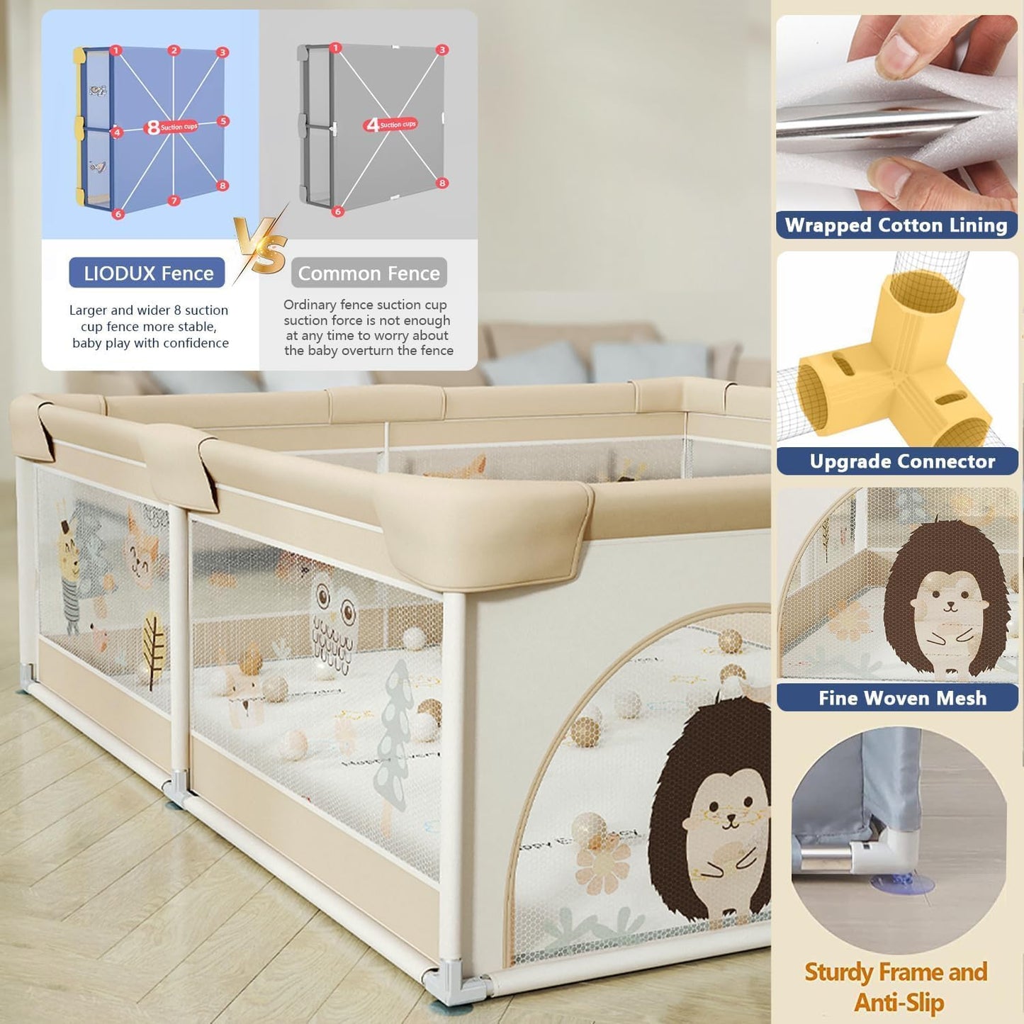 LIODUX Baby Playpen with Mat - 180 x 200cm, Baby Fence Play Area, Toddler (Khaki)