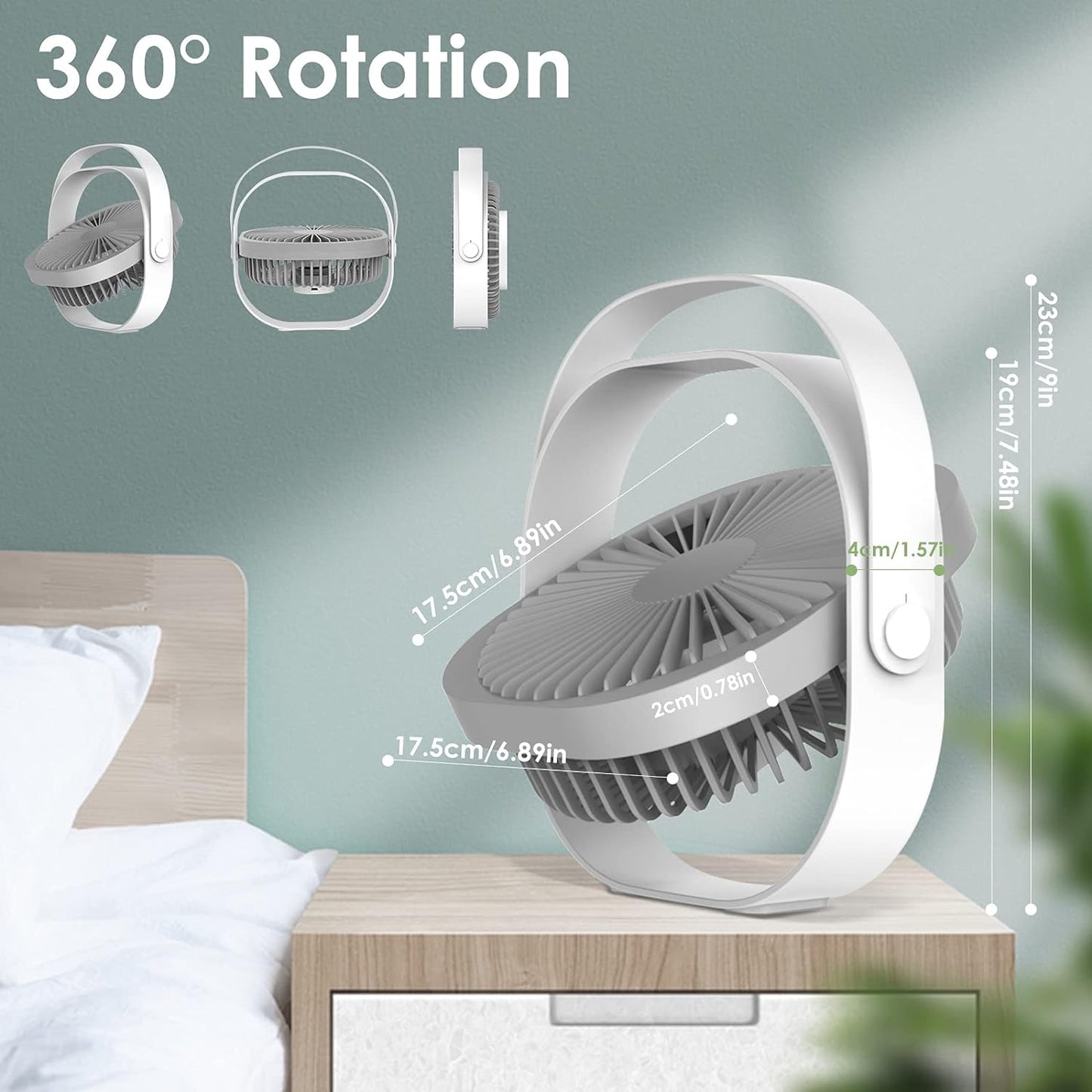 WD&CD 6 Inch USB Desk Fan, 4000mAh Handheld Fan Rechargeable Portable Fan wit handle, 3 speeds Wind, Quiet Fan, 360° Adjustable Swivel -White