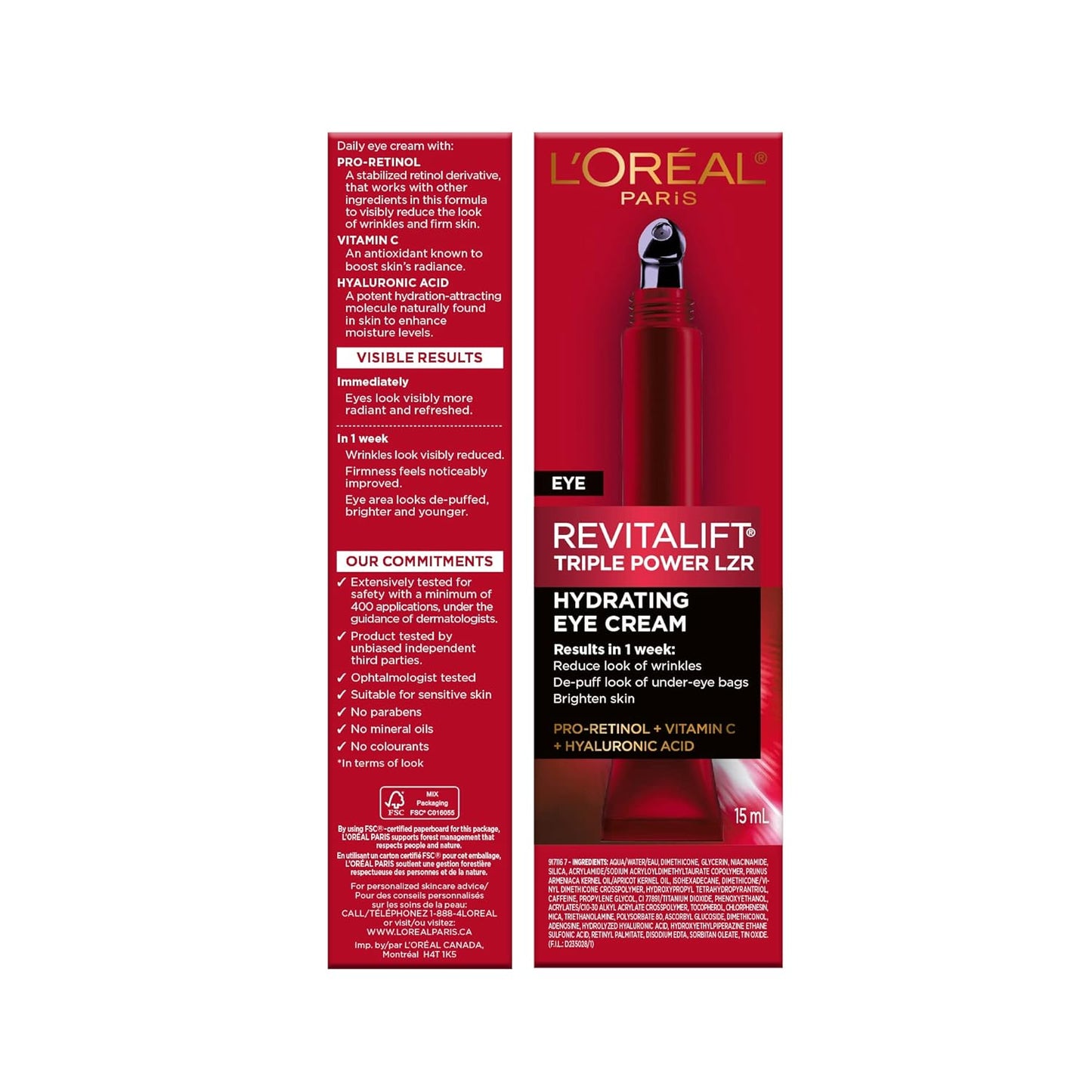 L'Oreal Paris Revitalift Triple Power Anti-Aging Eye Cream Treatment, with Pro Retinol, Hyaluronic Acid & Vitamin C to Reduce Wrinkles, De-puff and Brighten Skin, 0.5 fl. oz.