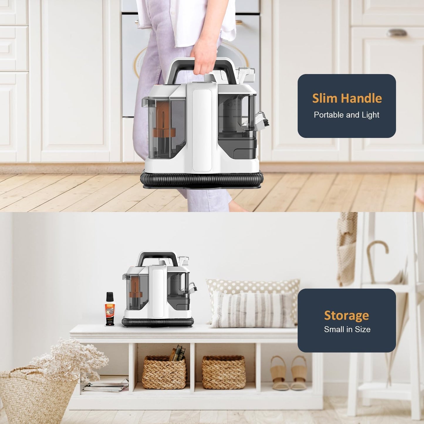 Portable Carpet Cleaner Machine, Powerful Deep Stain Cleaning for Couch, Pets, Car Seats, Upholstery & Furniture, Spot with Dual Size Brushhead (White), 11.81 * 9.44 * 13.77, (C4)