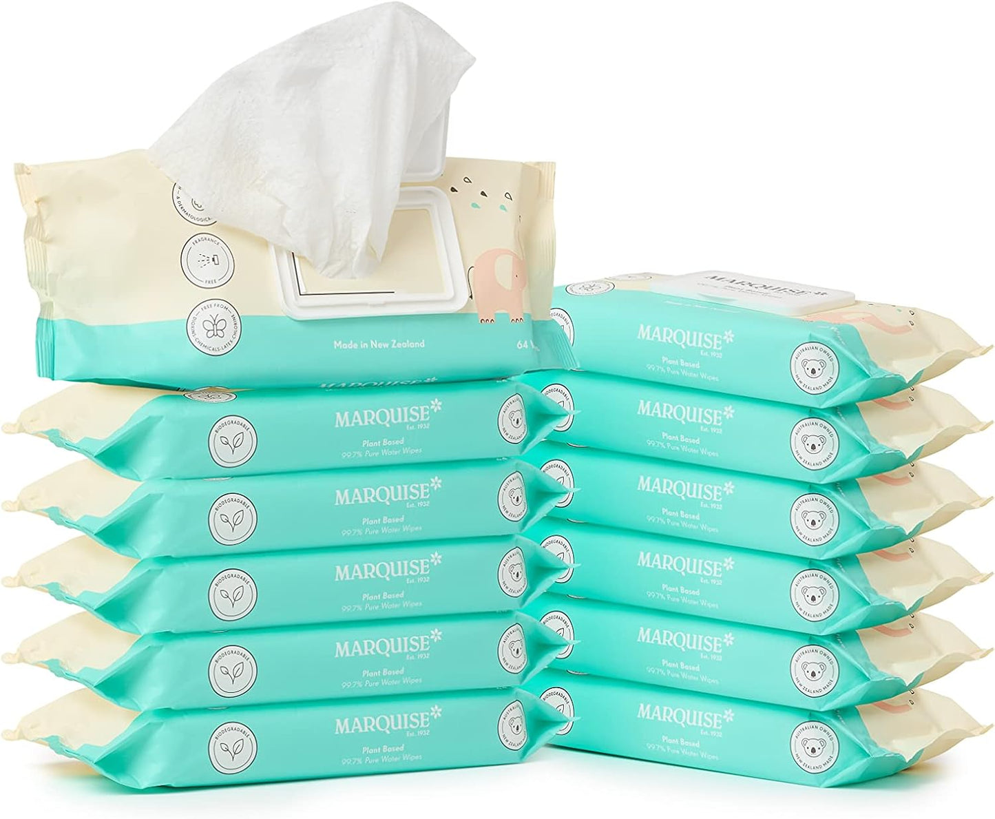 Marquise Baby Wet Wipes Biodegradable, 99.7% Water Based Wipes, 768 count (12 x 64 Pack), Frangrance Free and Hypoallergenic for Sensitive Skin and Newborns