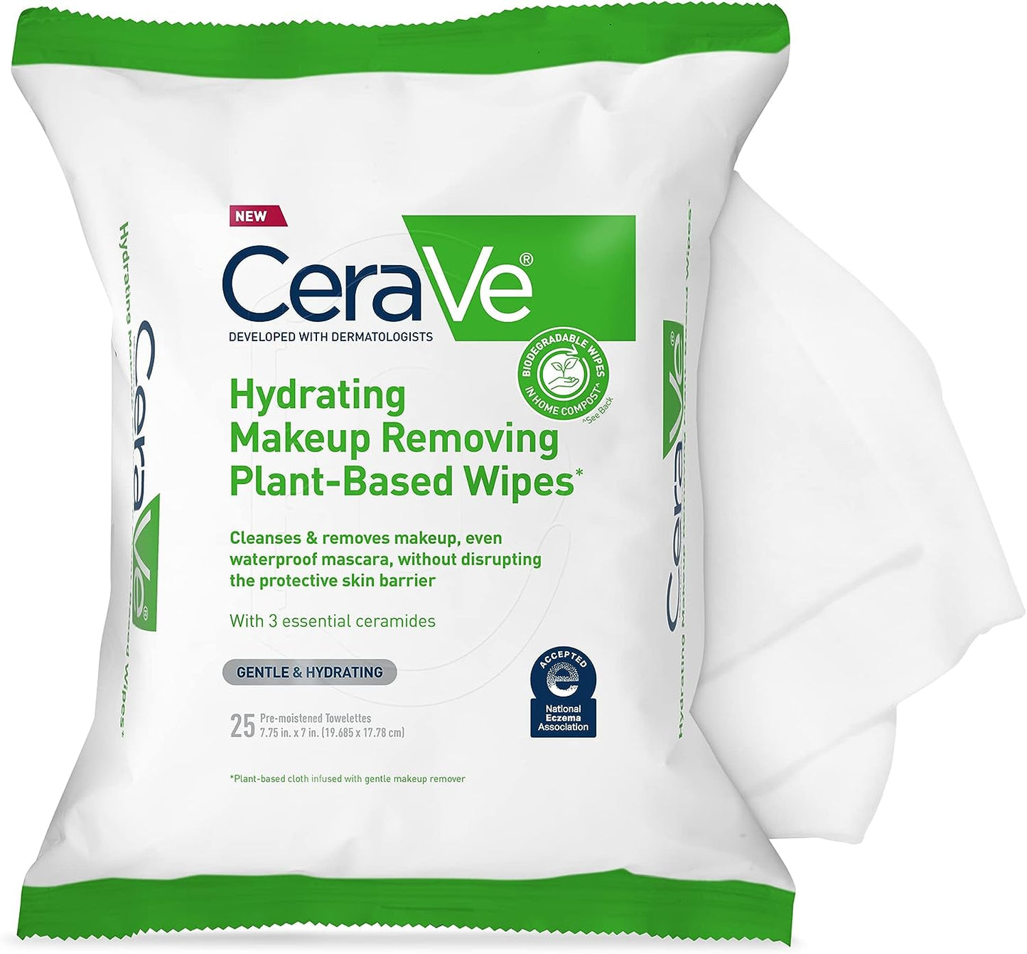 CeraVe Hydrating Facial Cleansing Makeup Remover Wipes| Plant Based Face Biodegradable in Home Compost| Wash Cloth| Suitable for Sensitive Skin| Fragrance-free Non-comedogenic