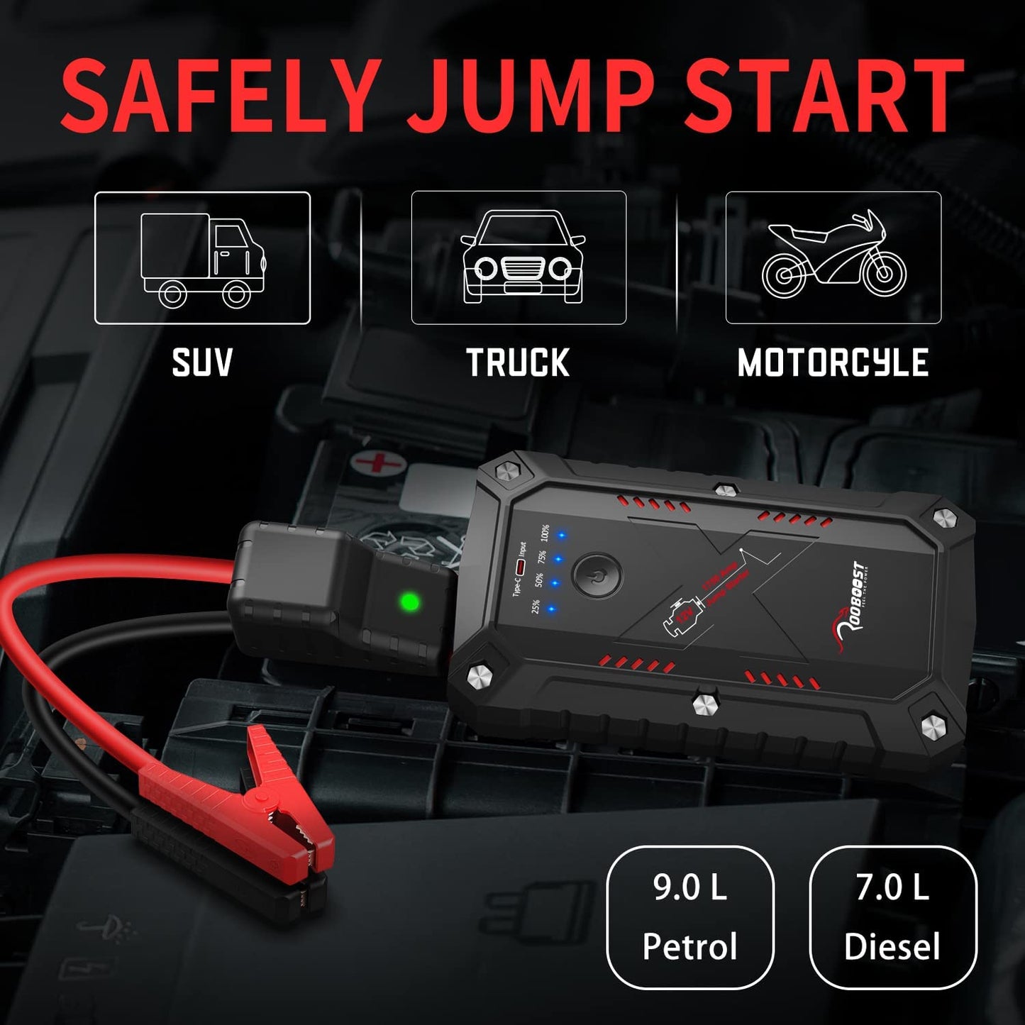 Waterproof Extreme Safe Car Jump Starter, 1750A Peak Current (Up to 9L Petrol or 7L Diesel)