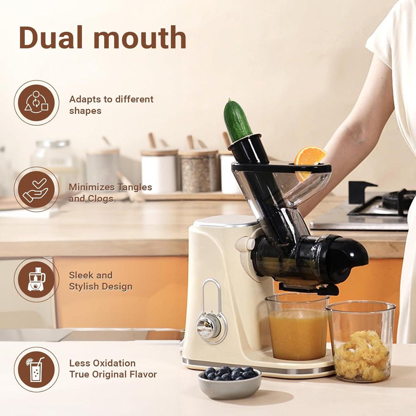 Cold Press Juicer Machine, Slow Masticating Juicer with Reverse Function, 97% Juice Yield High Nutrient and Vitamin, Vegetable and Fruit Juice Extractor