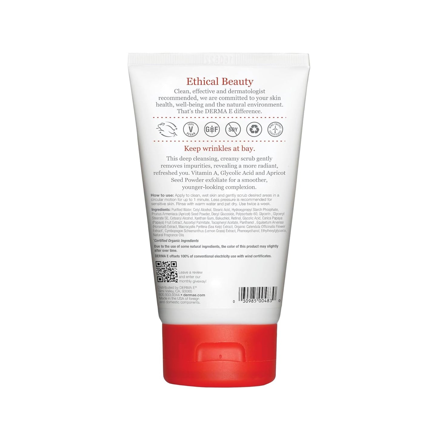 DERMA E Anti-Wrinkle Scrub – Anti-Aging Face Wash with Glycolic Acid and Vitamin A – Cleansing and Exfoliating Treatment Removes Makeup, Oil and Impurities, 4 oz