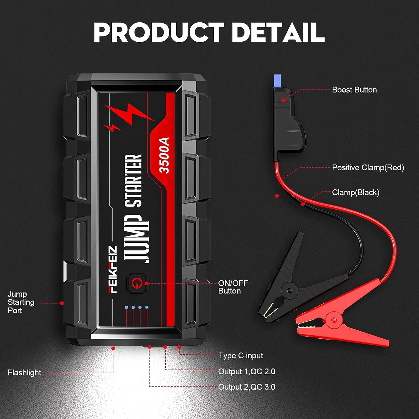 FEIKFEIZ Car Jump Starter, 3500A Peak 26800mAh 12V Car Battery Starter(Up to All Gas, 10.0L Diesel Engine