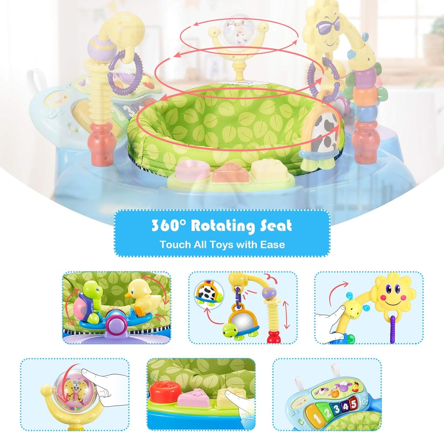 BABY JOY 2-in 1 Infant Activity Center, Baby Jumper w/360-Degree Rotating Seat, 3 Adjustable Height, Lights, Music, Piano, Toys, Sit-to-Stand Interactive Station for 6-36 Months