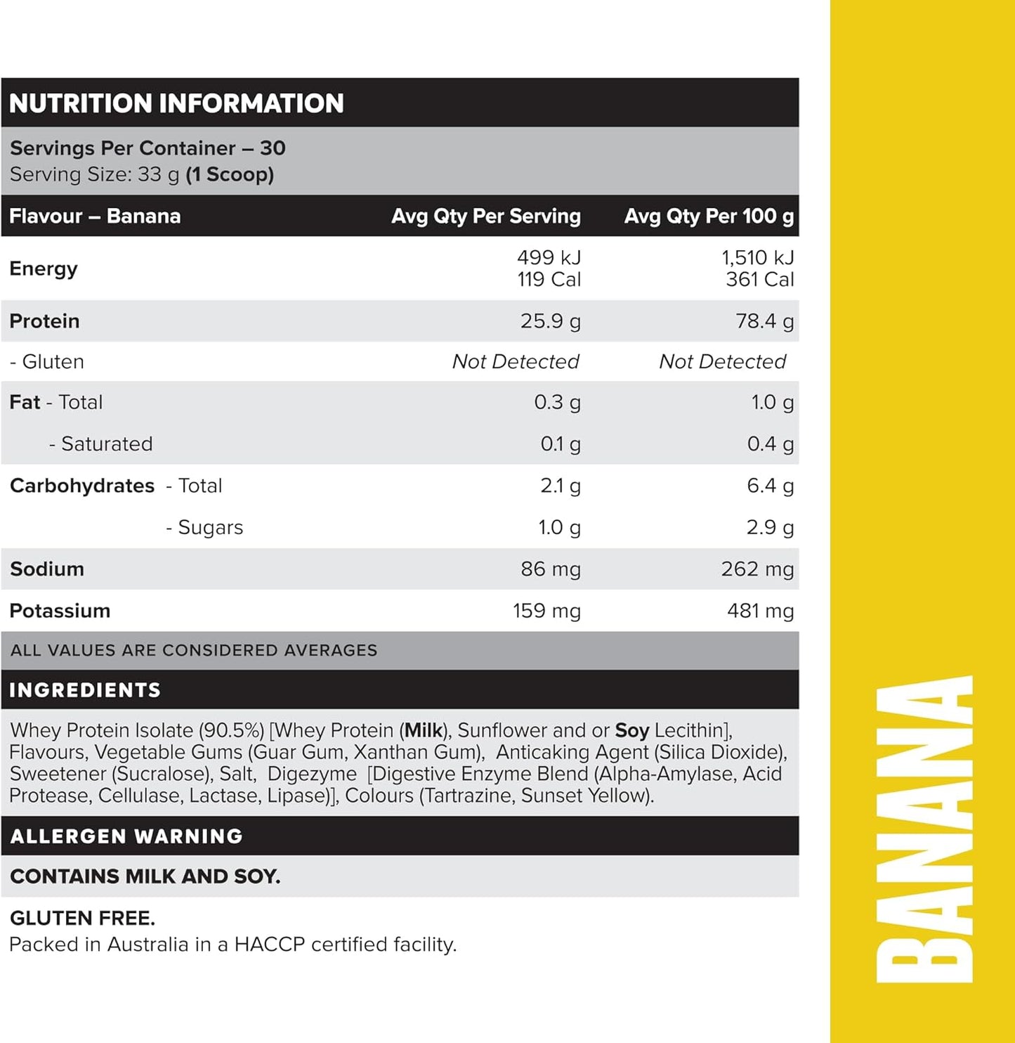 Muscle Nation Banana Flavour Whey Protein Isolate 990g (30 Serves)