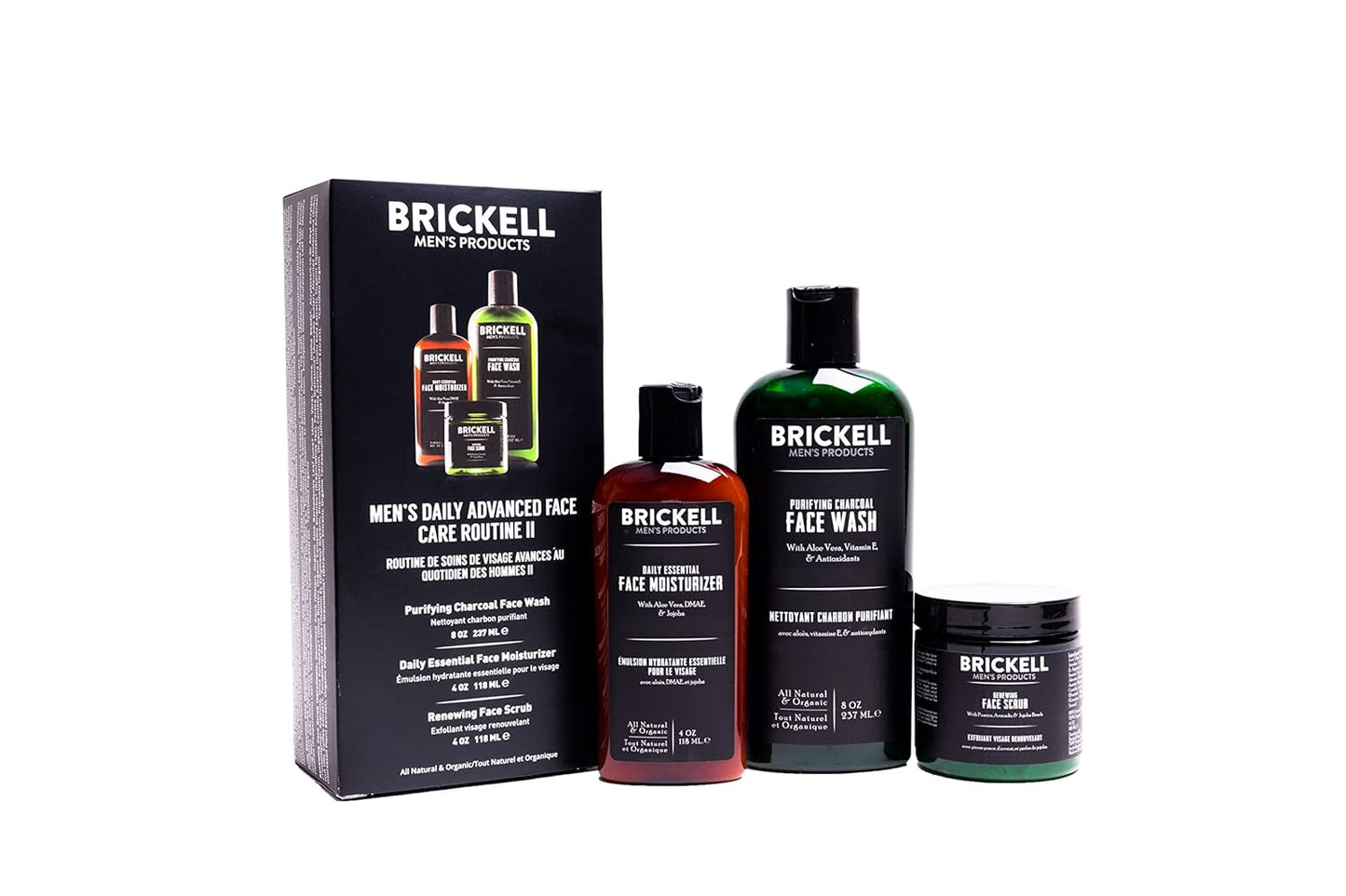 Brickell Men's Daily Advanced Face Care Routine II, Activated Charcoal Facial Cleanser, Face Scrub, Face Moisturizer Lotion, Natural and Organic, Unscented