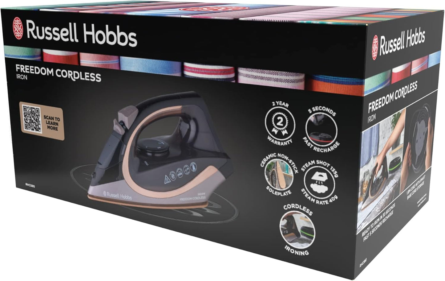 Russell Hobbs Freedom Cordless Steam Iron, RHC580, 2400W (AU Plug), Copper Coated Ceramic Soleplate to Store Heat, 135g Shot + 40g Continuous Steam, Variable Temperature Settings, Black