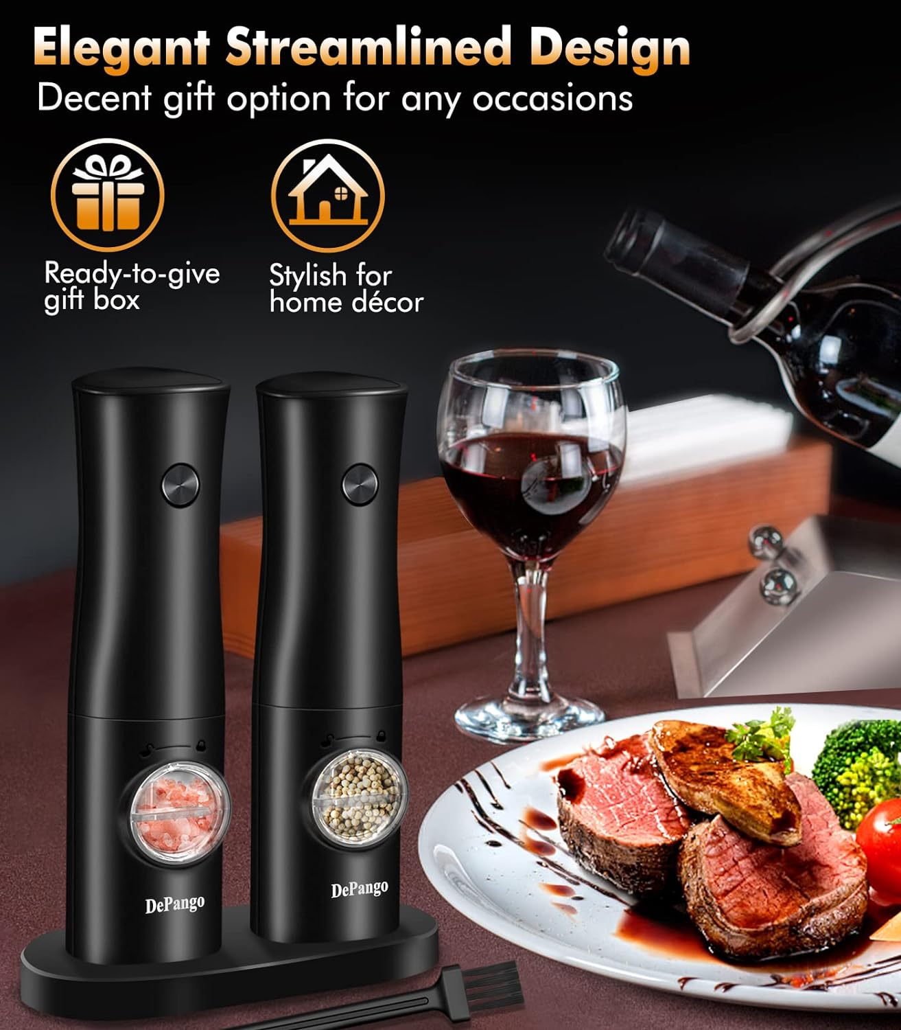 DePango Electric-Salt-and-Pepper-Grinder-Set, Automatic Salt and Pepper Grinder Set Battery-Operated, Salt/Pepper Grinder Mill with 5-Level Adjustable Coarseness, LED Light and Storage Tray (2-Pack)