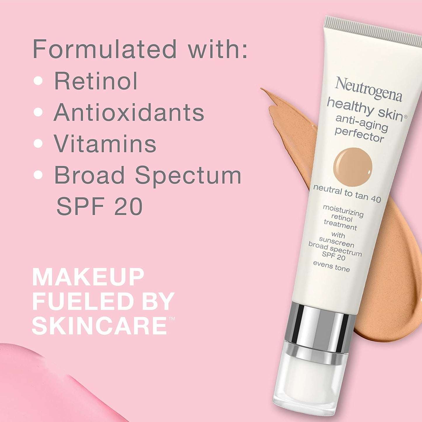 Neutrogena Retinol Treatment and Tinted Facial Moisturizer, Healthy Skin Anti-Aging Perfector with Broad Spectrum SPF 20 Sunscreen with Titanium Dioxide, 40 Neutral to Tan, 1 fl. oz