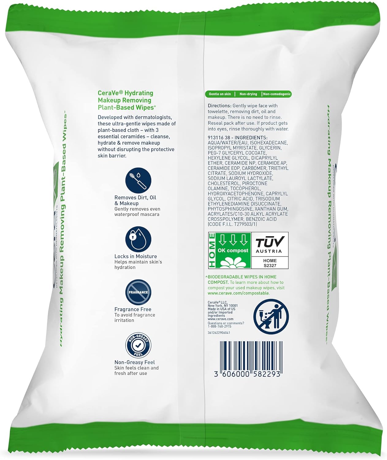 CeraVe Hydrating Facial Cleansing Makeup Remover Wipes| Plant Based Face Biodegradable in Home Compost| Wash Cloth| Suitable for Sensitive Skin| Fragrance-free Non-comedogenic