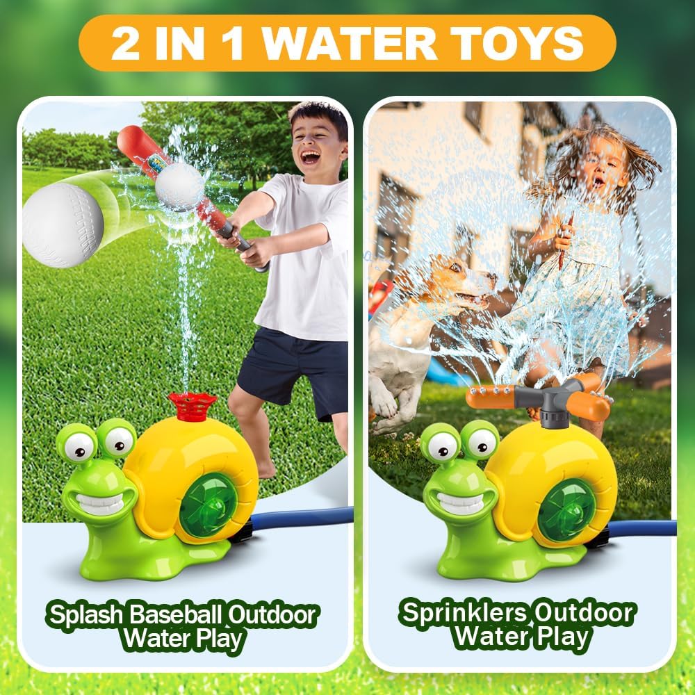 LUSTERMOON 2-in-1 Water Sprinkler Baseball Toy Set, Backyard Spinning Water Spray Toy, Summer Outdoor Sprinkler Toy, T Ball Game, Lawn Backyard Game for Kids (Slug)