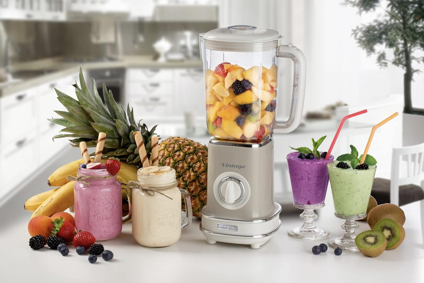 Ariete 568 Vintage Stand Blender Easy Storage 500W Jug 1.5L Plastic Container 6 Stainless Steel Blades 2 Speed Levels Pulse Double Security Beige