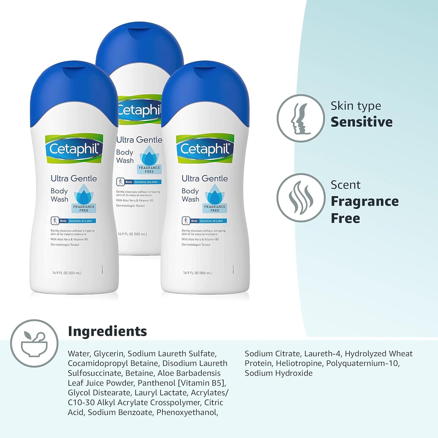 Cetaphil Ultra Gentle Refreshing Body Wash, For Dry to Normal, Sensitive Skin, 16.9oz Pack of 3, Aloe Vera, Calendula, Vitamin B5, Hypoallergenic, Paraben Free, Fragrance Free, Dermatologist Tested