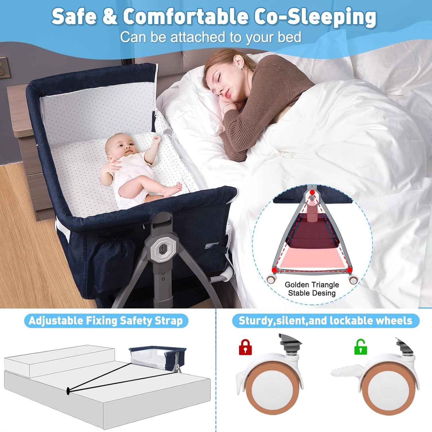 3 in 1 Baby Bassinet, Bedside Sleeper for Baby, Bedside Crib with Wheels & Storage Basket & Mosquito Net, Height Adjustable Baby Bed, Portable Bassinet for Newborn/Infant(Blue)