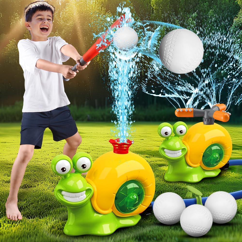 LUSTERMOON 2-in-1 Water Sprinkler Baseball Toy Set, Backyard Spinning Water Spray Toy, Summer Outdoor Sprinkler Toy, T Ball Game, Lawn Backyard Game for Kids (Slug)
