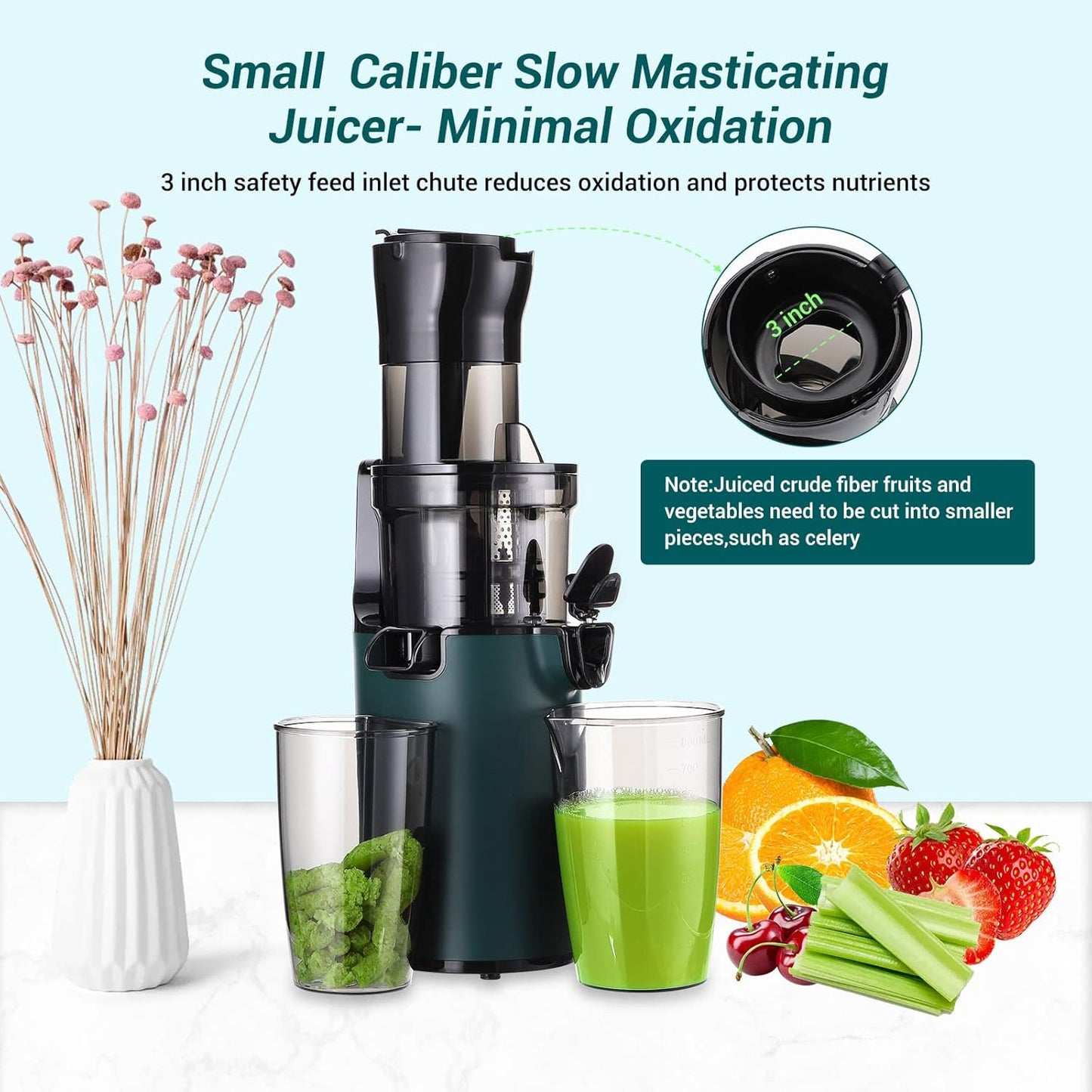 Electric Juicer Fruits Cold Press Squeezer Vegetable Processor Slow Masticating Juicer Machines 200W for Vegetables Celery Wheatgrass Watermelon Carrot Big Wide Chute 800ml Cup BPA-Free Easy to Clean