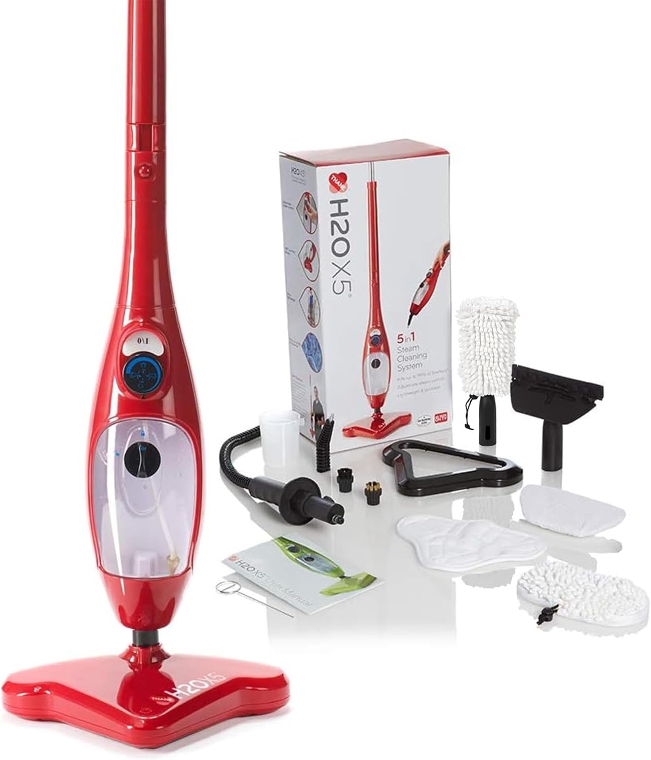 H2O X5 Steam Mop and Handheld Steam Cleaner – Multifunctional & Multipurpose System for Floors, Carpets, Windows, Upholstery, Kitchens & Bathrooms (Red)