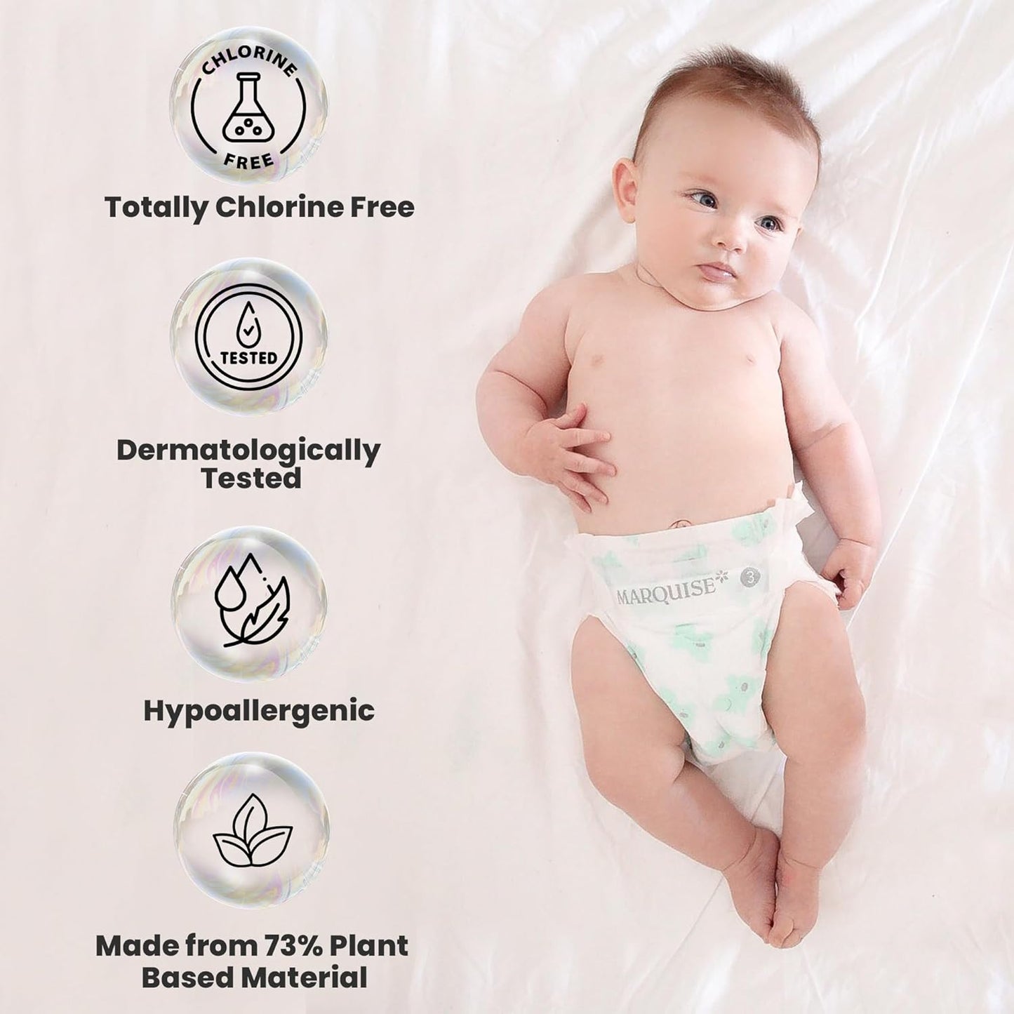 Marquise Baby Infant Nappies Size 2 (4-8kg) - 72 Count (3 x 24 Packs), Premium Eco-Friendly Nappy Pants, Quick Dry 12-Hours Leak Protection - Lightweight, Super Stretch Pure Comfort