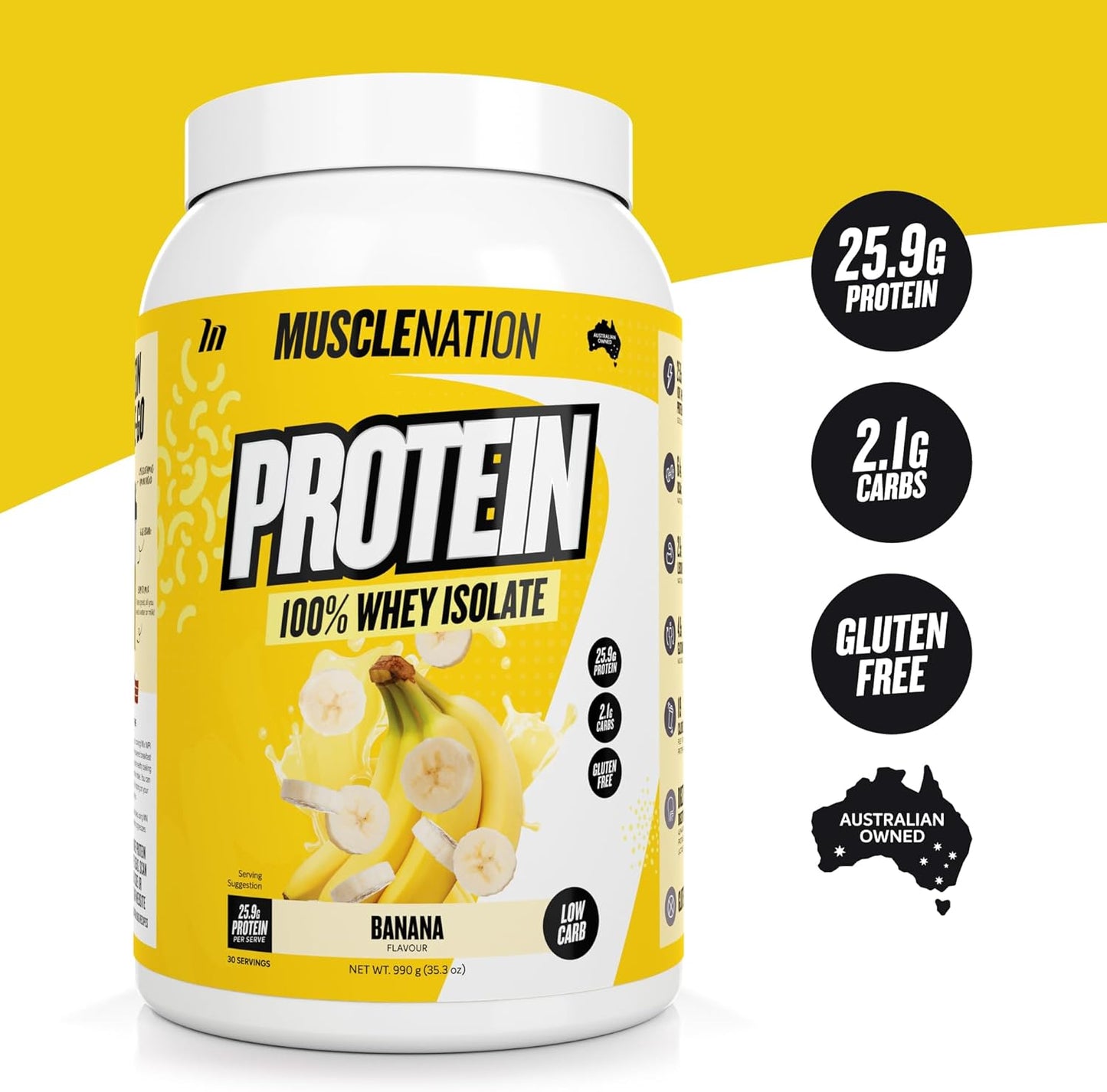 Muscle Nation Banana Flavour Whey Protein Isolate 990g (30 Serves)