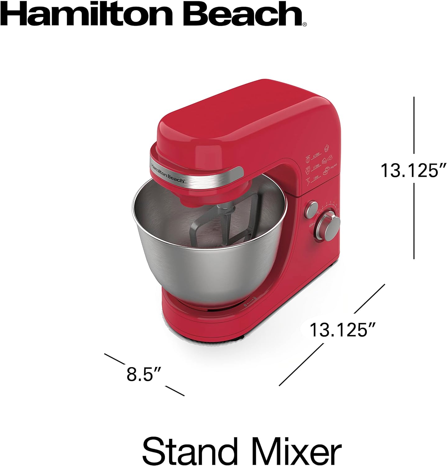 Hamilton Beach Electric Stand Mixer, 4 Quarts, Dough Hook, Flat Beater Attachments, Splash Guard 7 Speeds with Whisk, Red