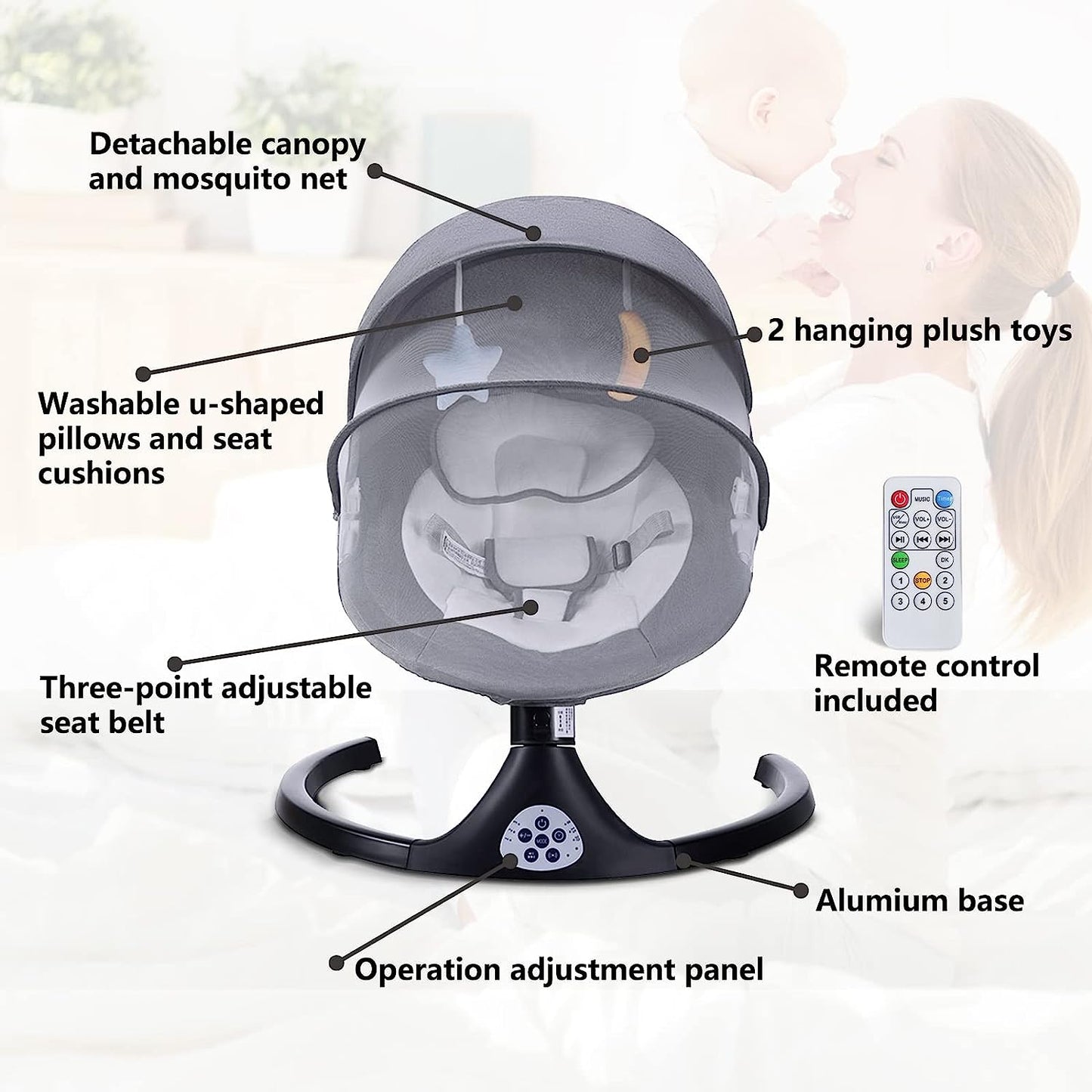 Baby Swing for Infants, 5 Speed Electric Bluetooth Rocker Newborn, 3 Timer Settings & 10 Pre-Set Lullabies