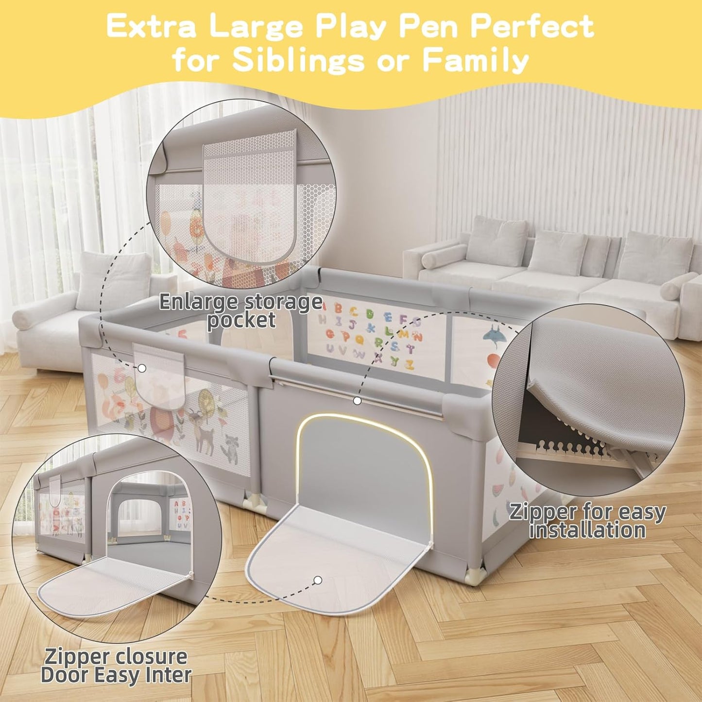 Baby Playpen 200 x 160 cm, Extra-Large Non-Slip Playpen with 50 Ocean Balls, 6 Pull Rings