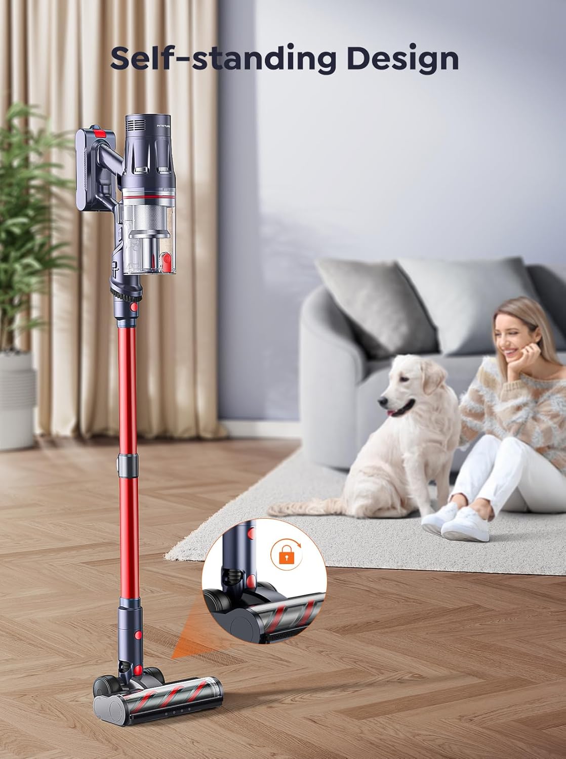 INTETURE Cordless Vacuum Cleaner 45KPa/550W Self-Standing Powerful Stick Vacuum with 60 Min/1.6L,Wall-mounted Charging,Touch Screen Upright Vacuum for Hardwood Floor/Carpet/Pet Hair/Car Vacuum Cleaner