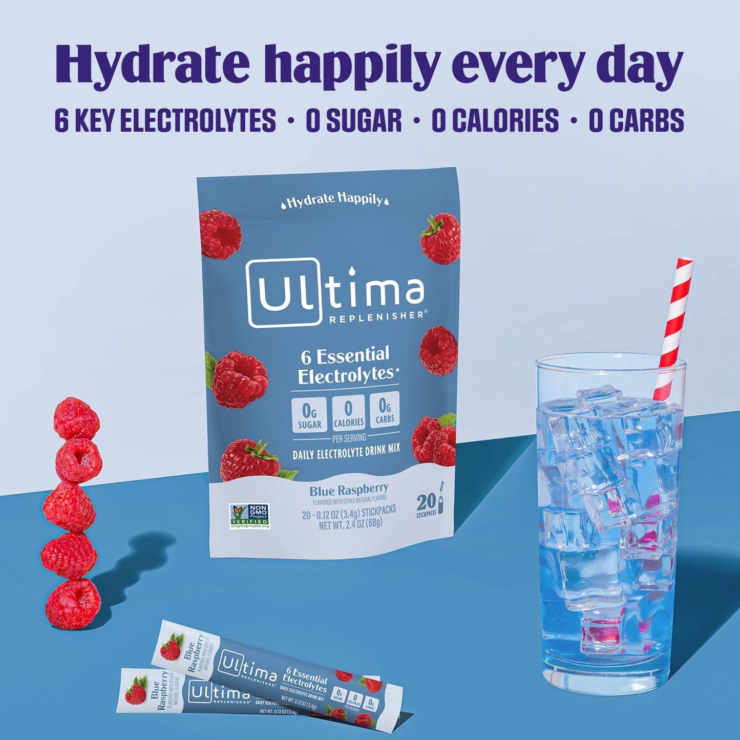 Ultima Replenisher Daily Electrolyte Drink Mix – Blue Raspberry, 20 Stickpacks – Hydration Packets with 6 Electrolytes & Trace Minerals – Keto Friendly, Vegan, Non-GMO & Sugar-Free Electrolyte Powder