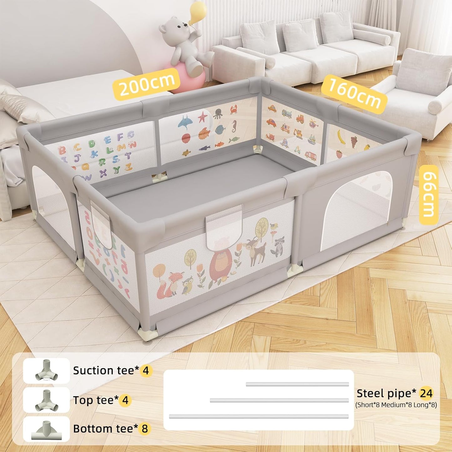 Baby Playpen 200 x 160 cm, Extra-Large Non-Slip Playpen with 50 Ocean Balls, 6 Pull Rings