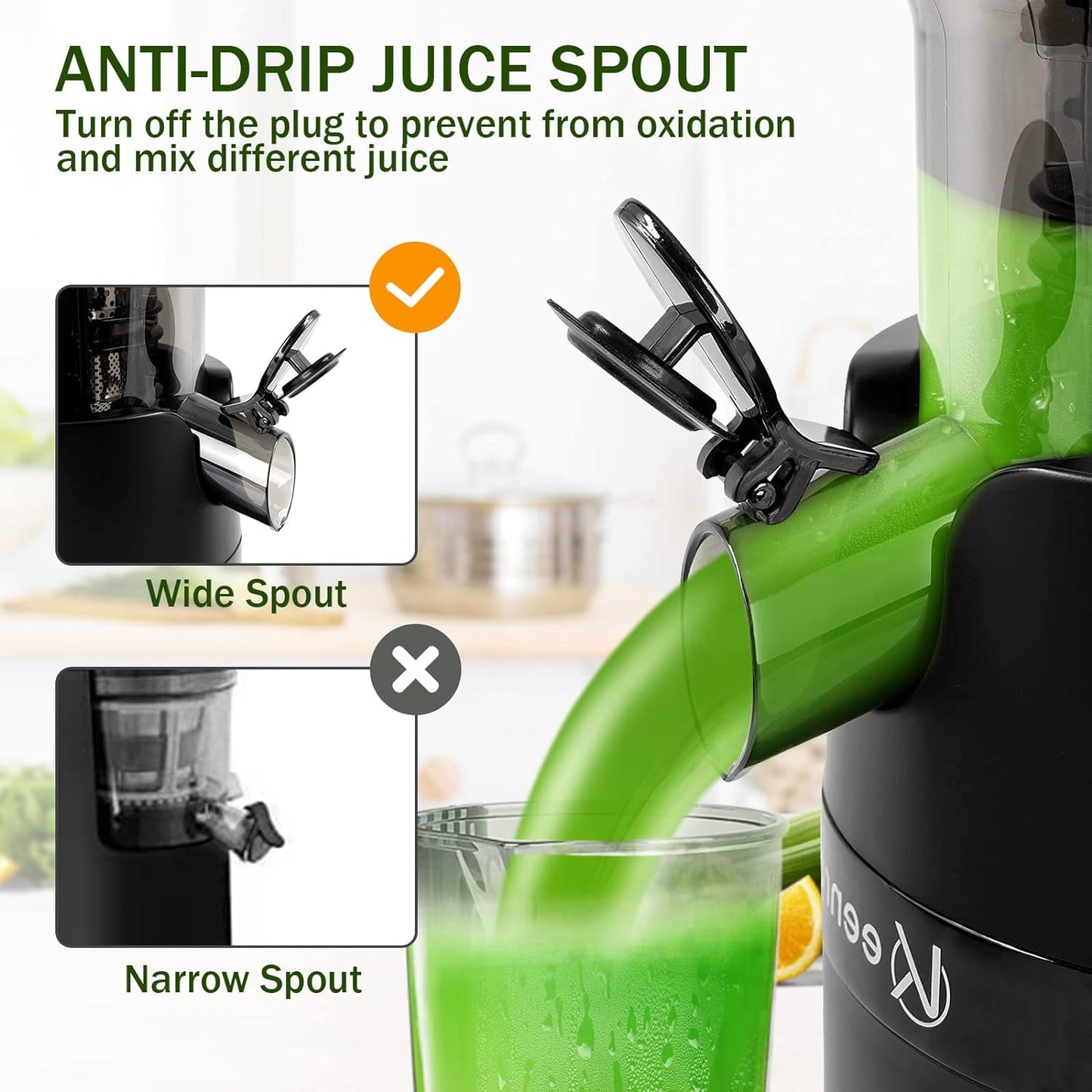 Masticating Juicer Machine for Whole Fruits and Vegetables, Cold Press Slow Juicer with Wide Mouth 80mm Feeding Chute, Reverse Function Quiet Motor Fresh Healthy Juice Extractor (Dark)