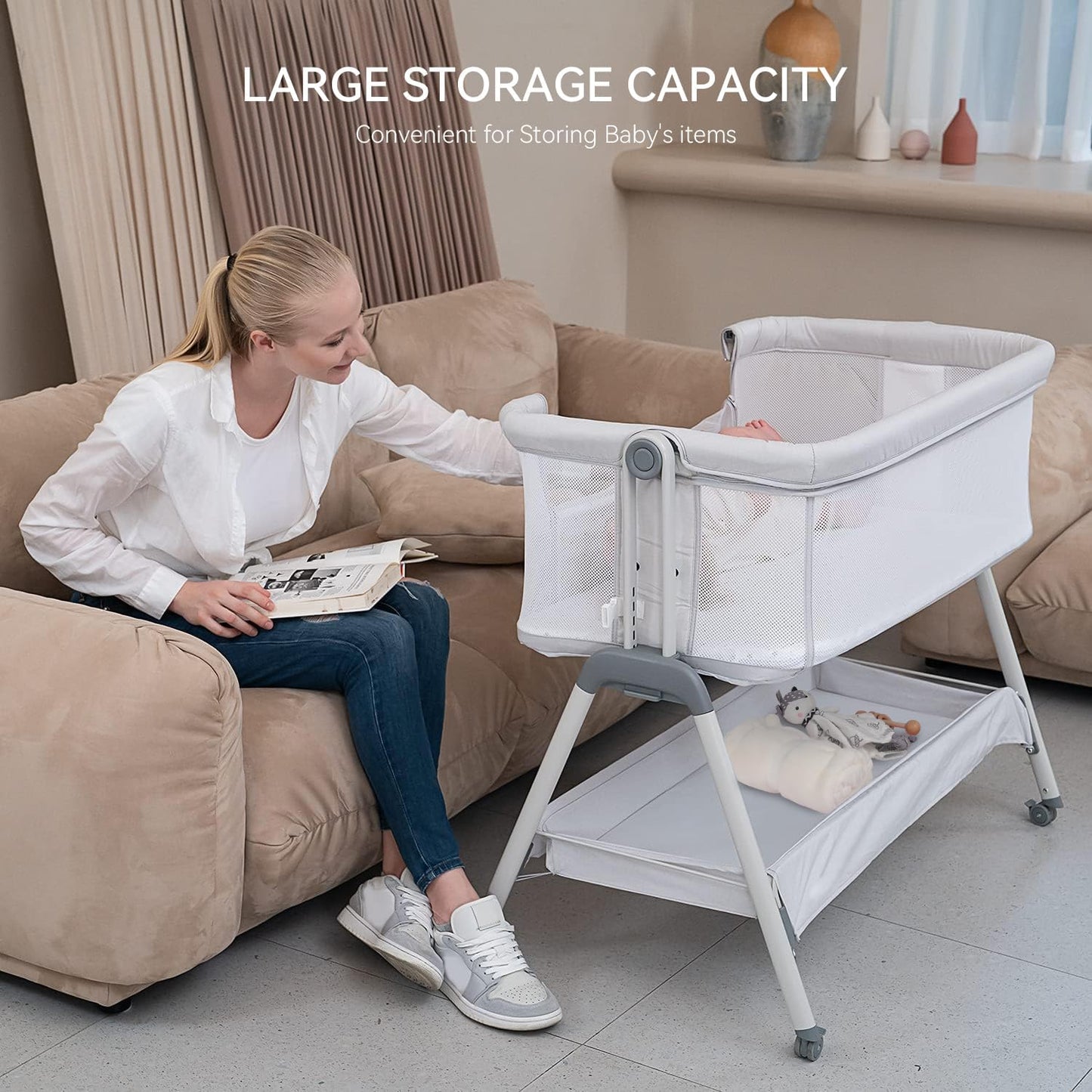 Baby Bassinet with Mattress, 3-in-1 Bedside Sleeper Co Sleeper Bassinet, Baby Bedside Bassinet Cribs Cradle with Mosquito net, Convertible Baby Cot for 0-6.