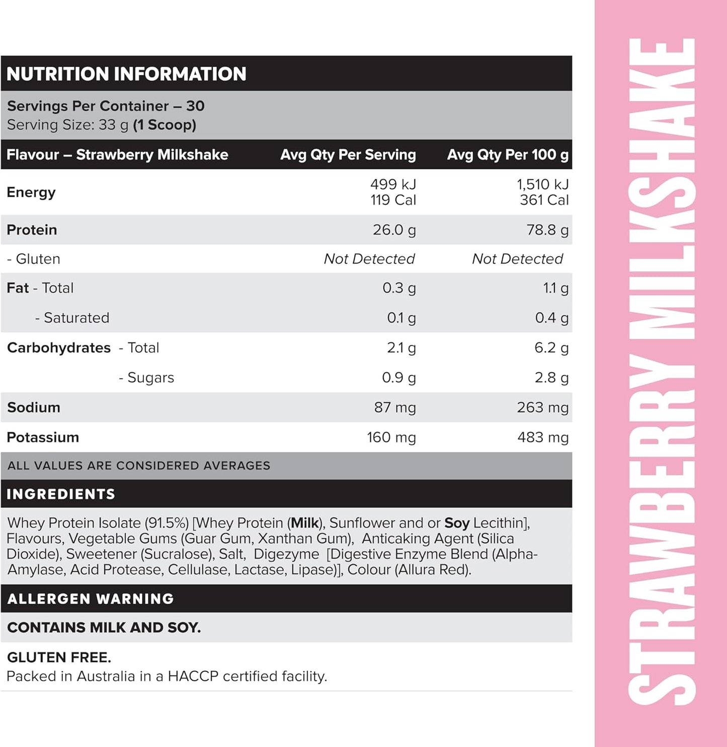 Muscle Nation Strawberry Milkshake Flavour Whey Protein Isolate 990g (30 Serves)