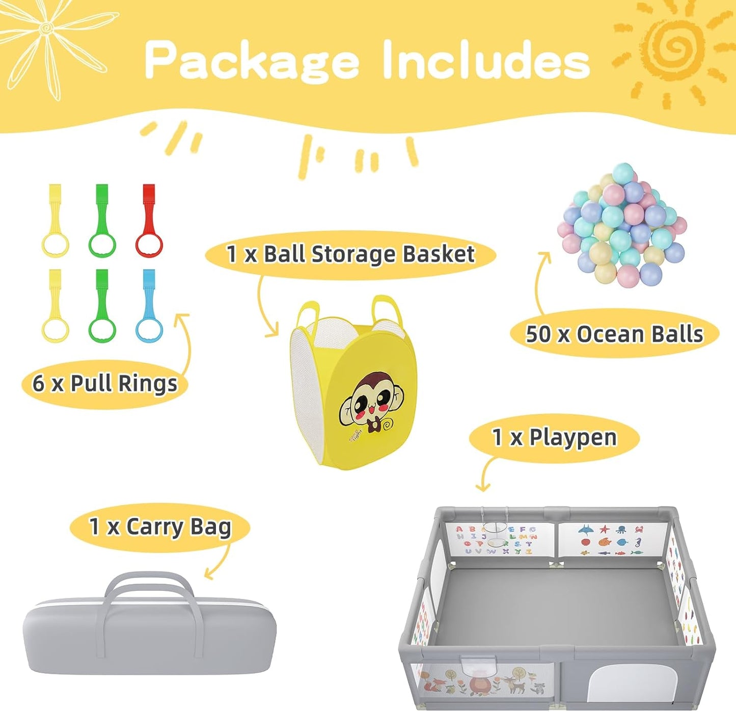 Baby Playpen 200 x 160 cm, Extra-Large Non-Slip Playpen with 50 Ocean Balls, 6 Pull Rings