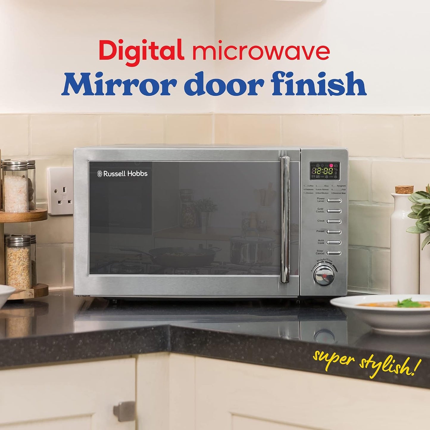 Russell Hobbs RHM2031 20 L 800 W Stainless Steel Digital Grill Microwave with 5 Power Levels, 1000 W Grill Power, Automatic Defrost, 8 Auto Cook Menus, Clock, Timer, Easy Clean