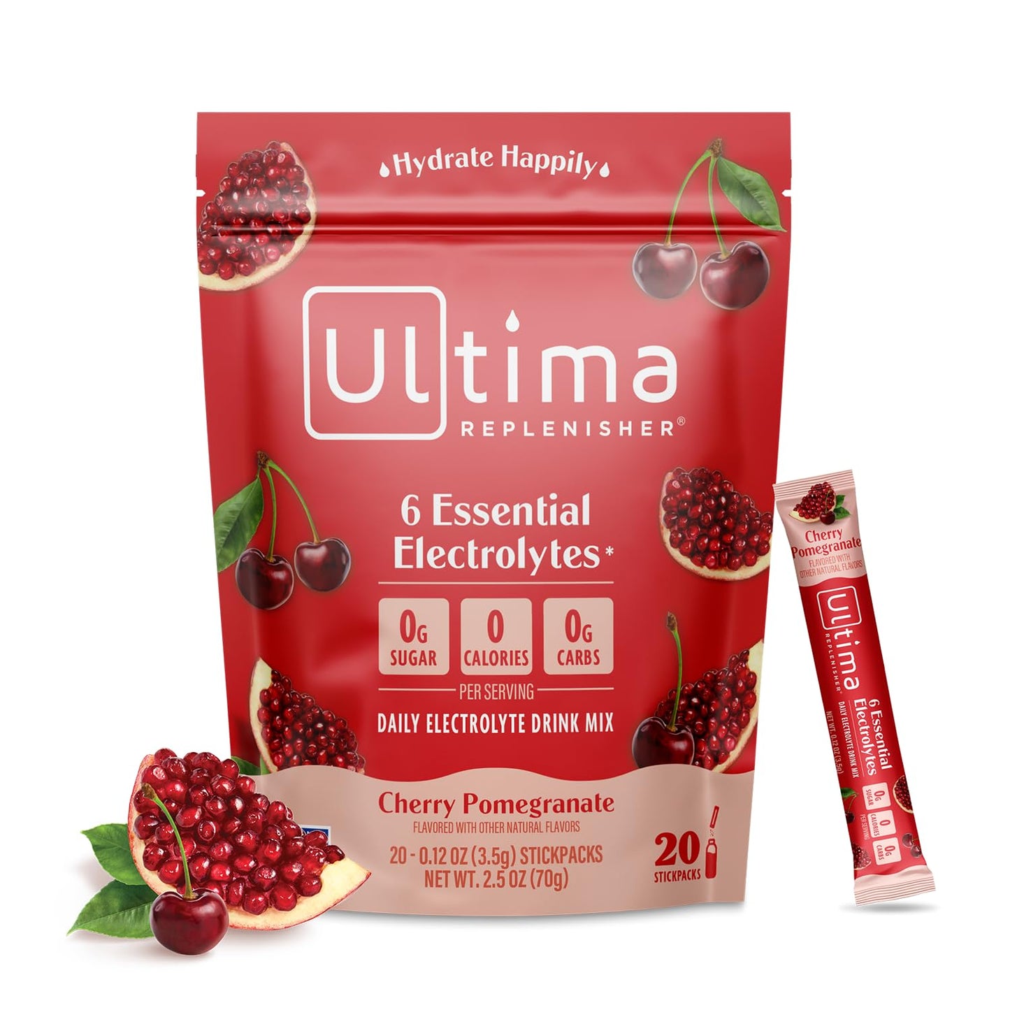 Ultima Replenisher Daily Electrolyte Drink Mix – Cherry Pomegranate, 20 Stickpacks – Hydration Packets with 6 Electrolytes & Minerals – Keto Friendly, Vegan, Non-GMO & Sugar-Free Electrolyte Powder