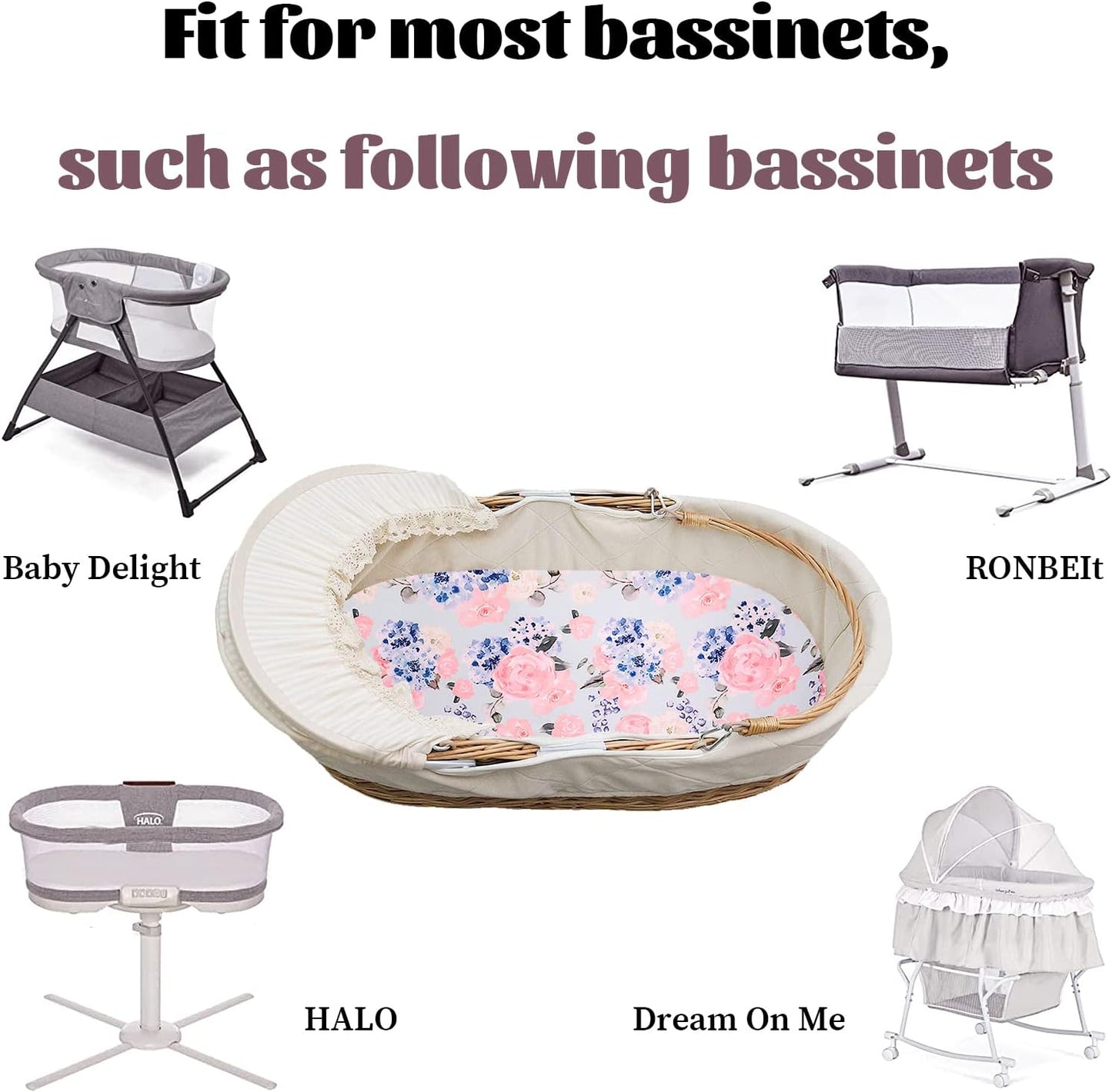 Bassinet Sheets Set for Baby Girl, Stretchy Fitted Newborn Bassinet Sheet, Universal for Oval Rectangle, and Hourglass Bassinet Mattress, Blue and Pink.