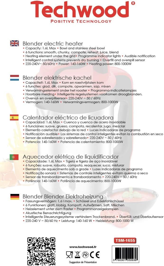 Techwood TSM-1655 Heated Stand Blender 1.6 Litre Capacity Velvet Soup Compote, Keep Warm, 1000 W, Stainless Steel